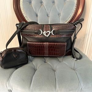 Brighton Vintage Leather Croc Embossed Crossbody Bag W/Bonus Coin Purse!